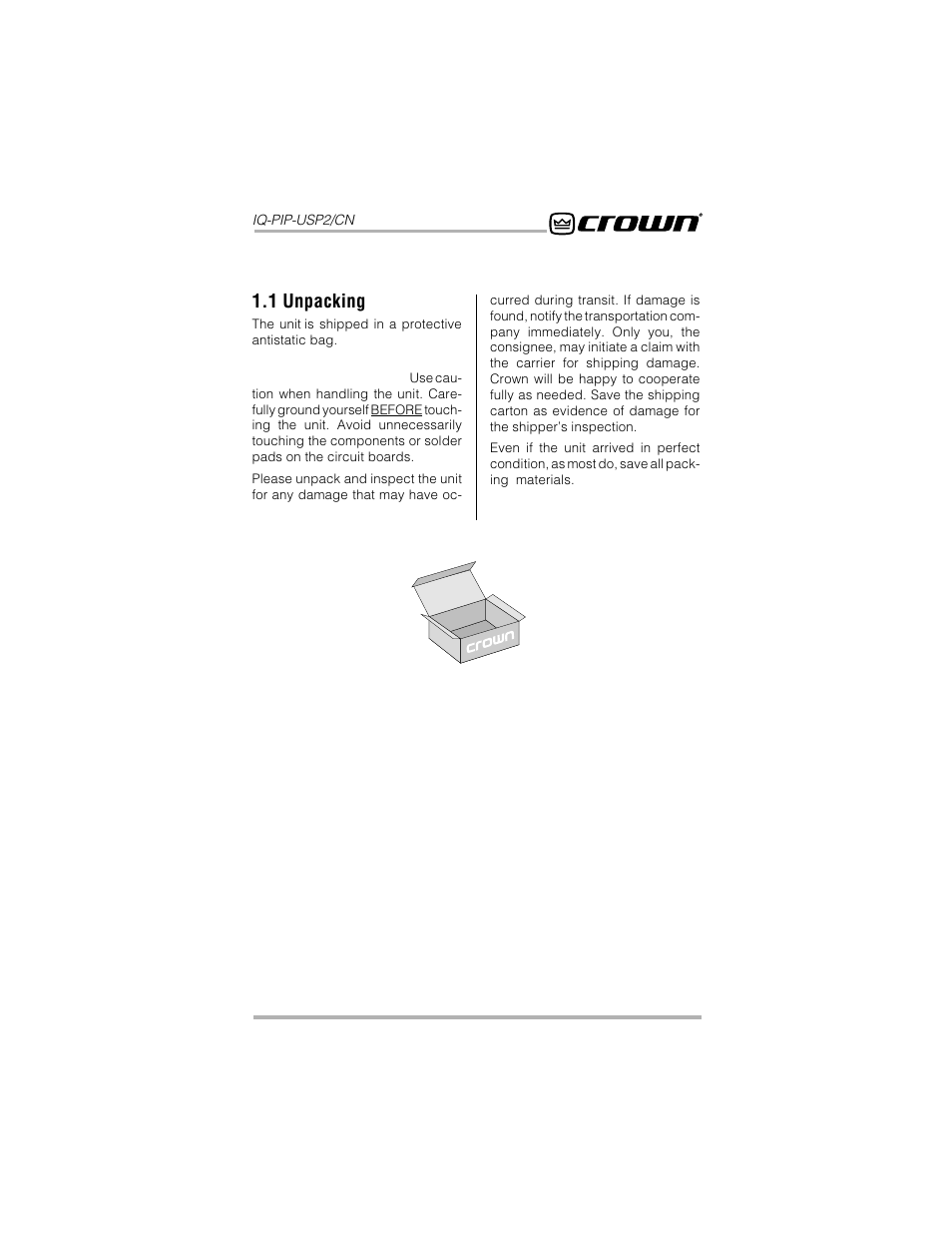 1 unpacking | Crown Audio IQ-PIP-USP2_CN User Manual | Page 9 / 65