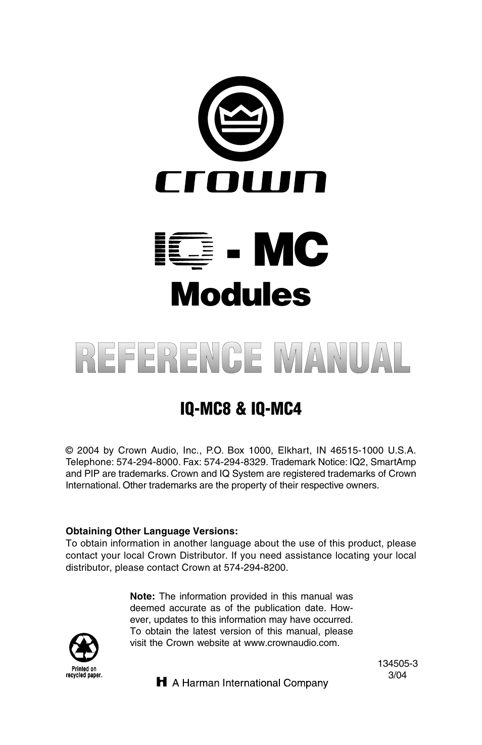 Crown Audio IQ-MC4 _ IQ-MC-8 User Manual | 32 pages