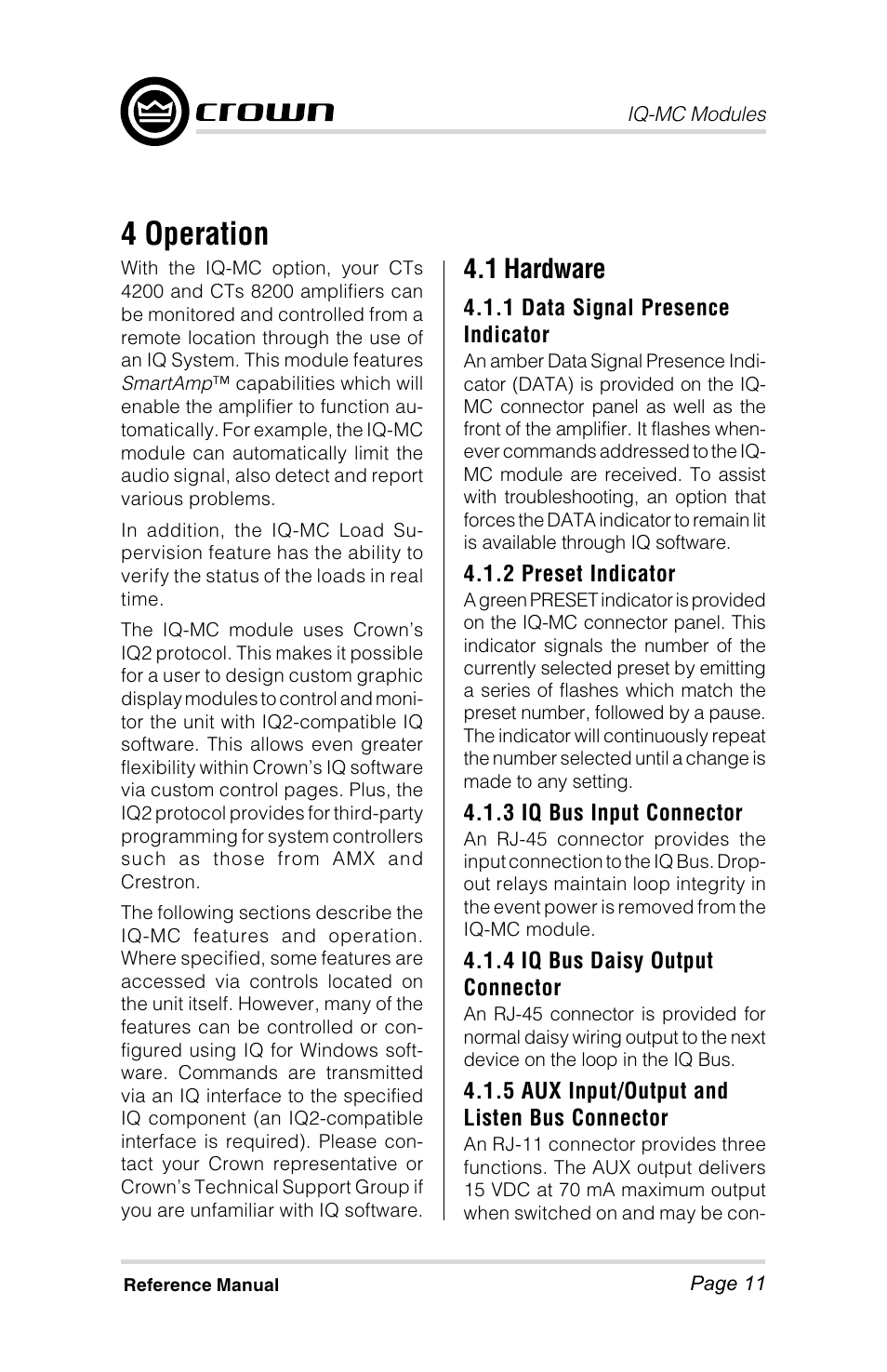 4 operation, 1 hardware | Crown Audio IQ-MC4 _ IQ-MC-8 User Manual | Page 11 / 32