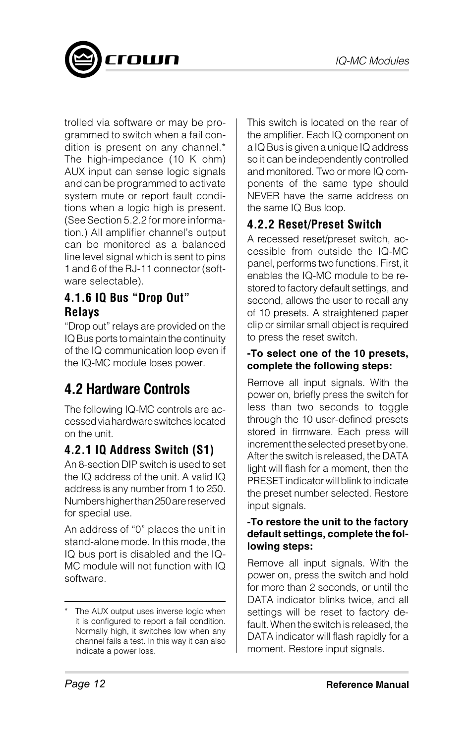 2 hardware controls | Crown Audio IQ-MC4 _ IQ-MC-8 User Manual | Page 12 / 32