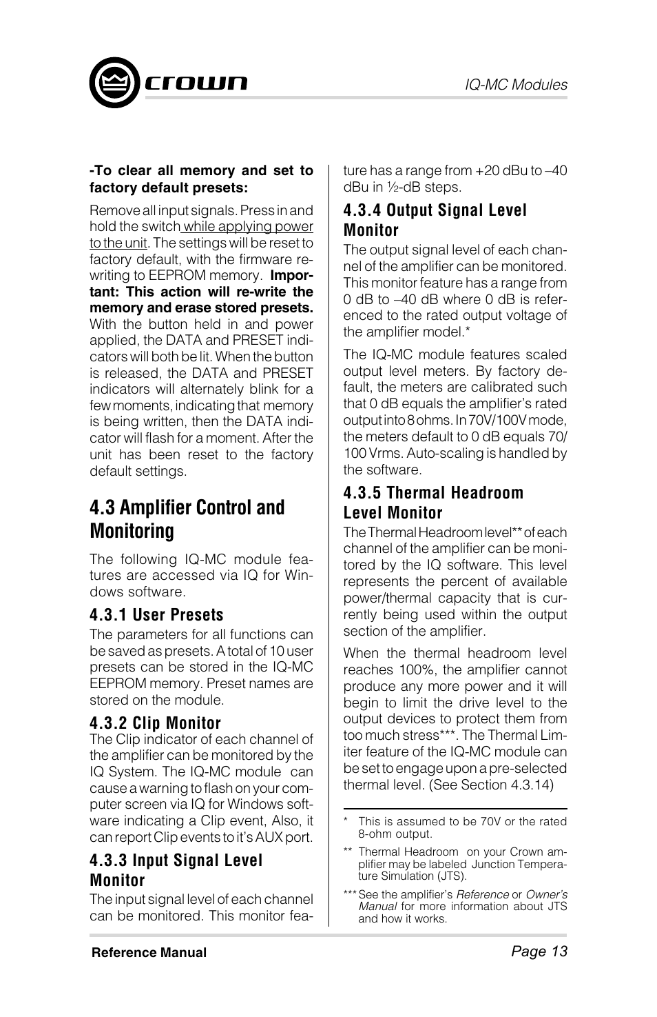 3 amplifier control and monitoring, 1 user presets, 2 clip monitor | 3 input signal level monitor, 4 output signal level monitor, 5 thermal headroom level monitor | Crown Audio IQ-MC4 _ IQ-MC-8 User Manual | Page 13 / 32