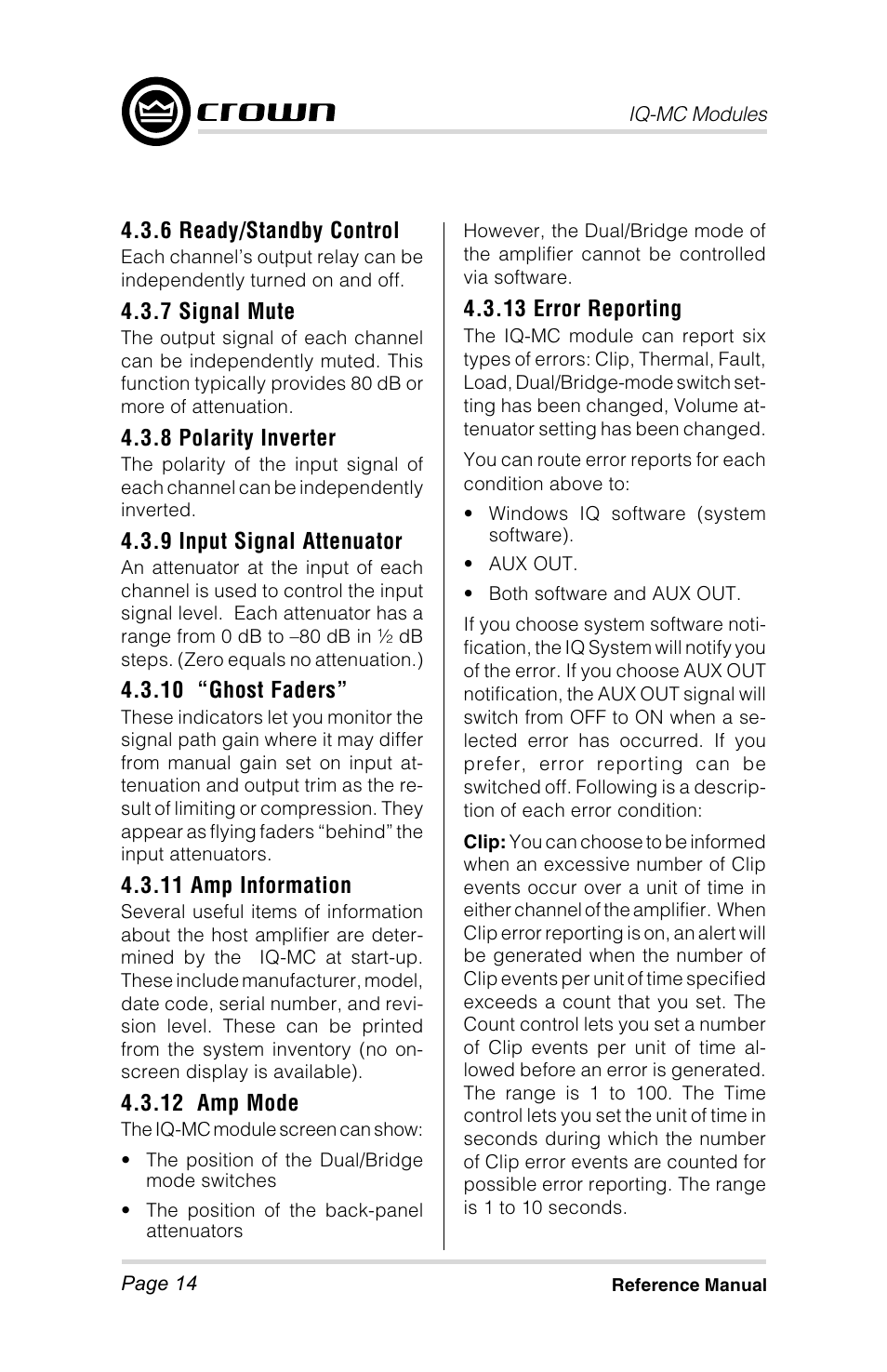 Crown Audio IQ-MC4 _ IQ-MC-8 User Manual | Page 14 / 32