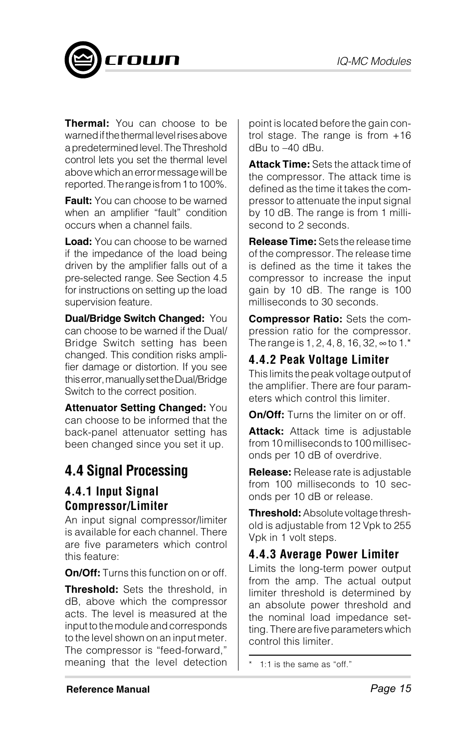 4 signal processing | Crown Audio IQ-MC4 _ IQ-MC-8 User Manual | Page 15 / 32