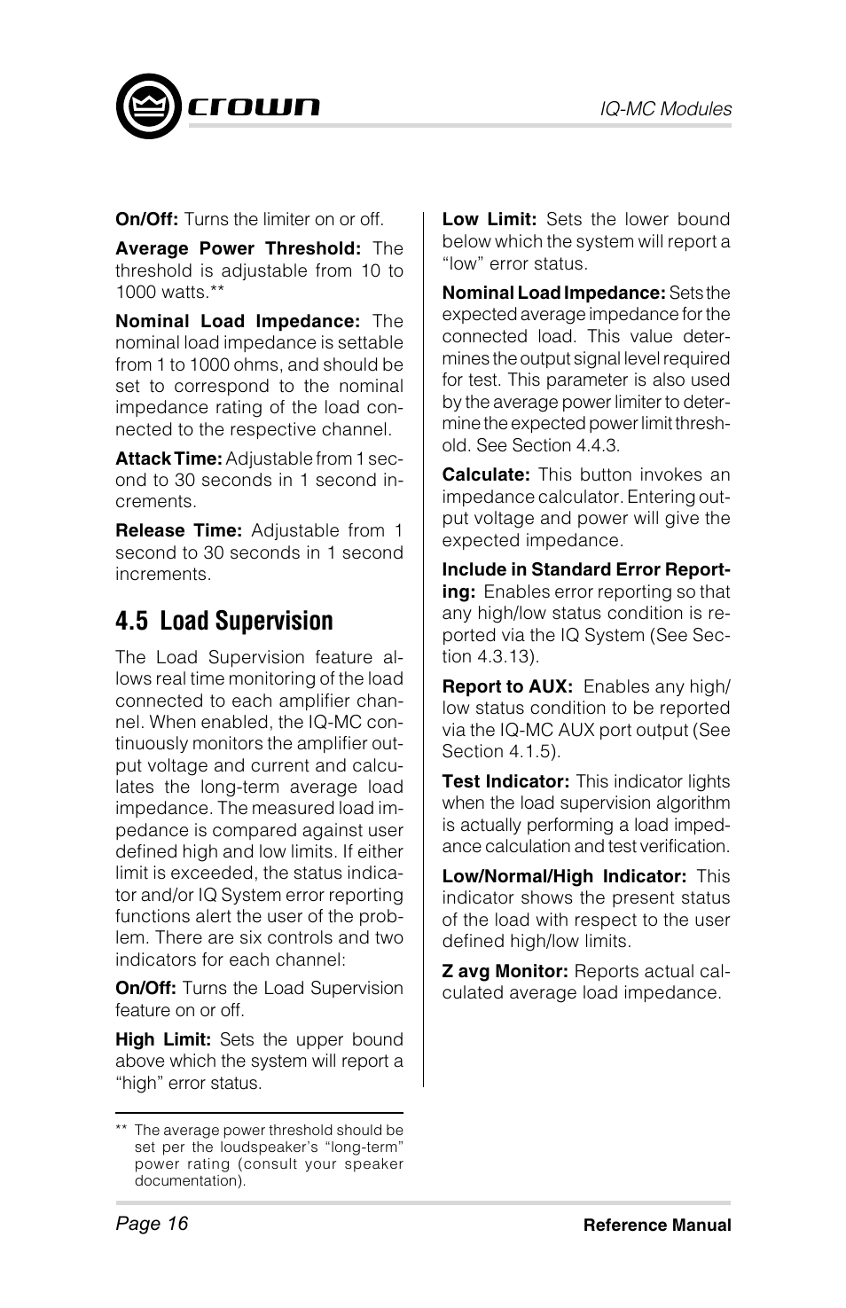 5 load supervision | Crown Audio IQ-MC4 _ IQ-MC-8 User Manual | Page 16 / 32