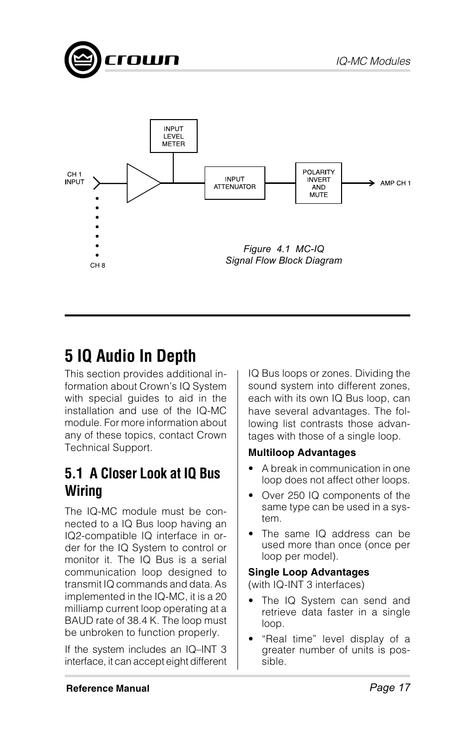 5 iq audio in depth, 1 a closer look at iq bus wiring | Crown Audio IQ-MC4 _ IQ-MC-8 User Manual | Page 17 / 32