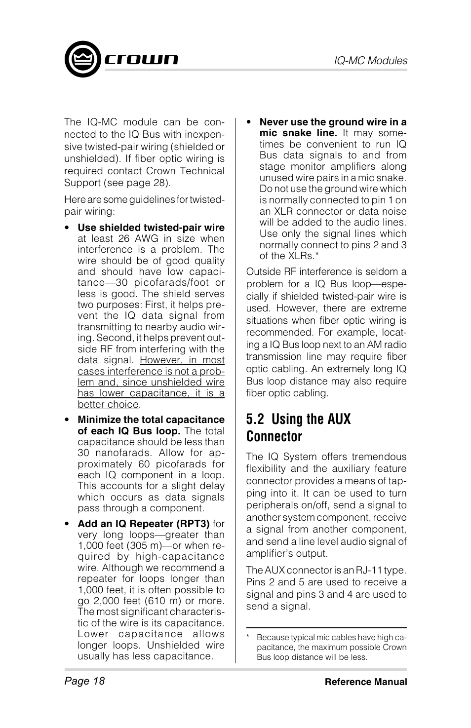 2 using the aux connector | Crown Audio IQ-MC4 _ IQ-MC-8 User Manual | Page 18 / 32