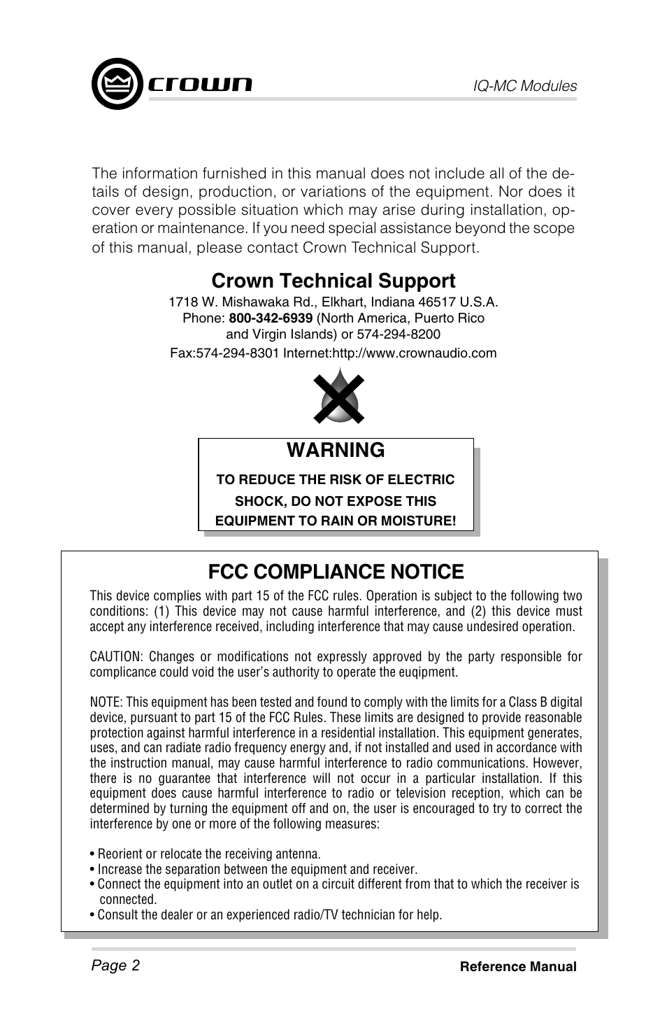 Warning, Fcc compliance notice, Crown technical support | Crown Audio IQ-MC4 _ IQ-MC-8 User Manual | Page 2 / 32