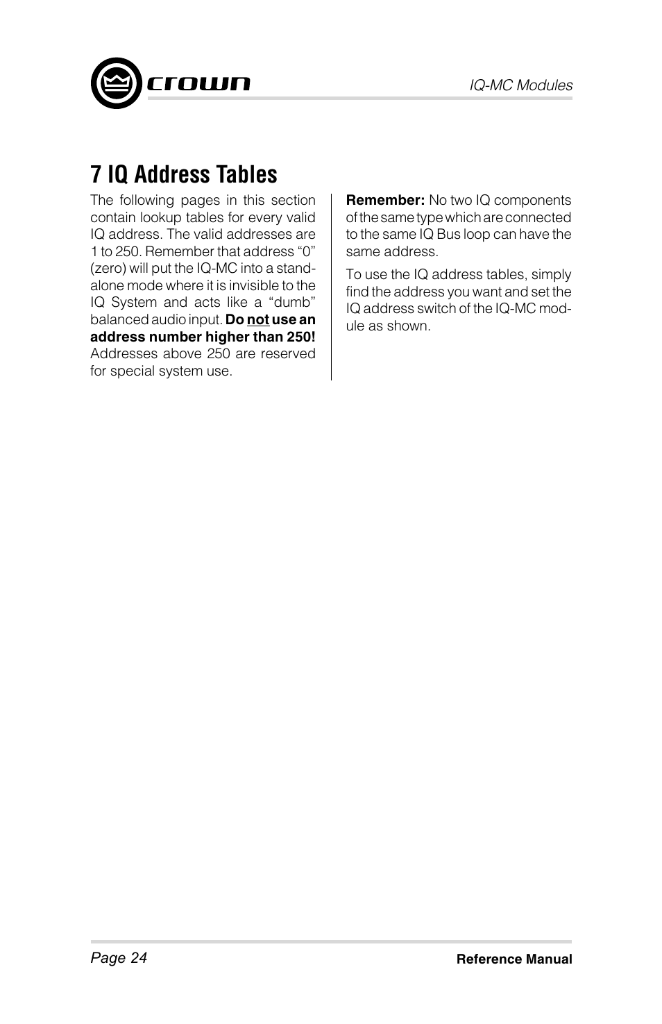 7 iq address tables | Crown Audio IQ-MC4 _ IQ-MC-8 User Manual | Page 24 / 32