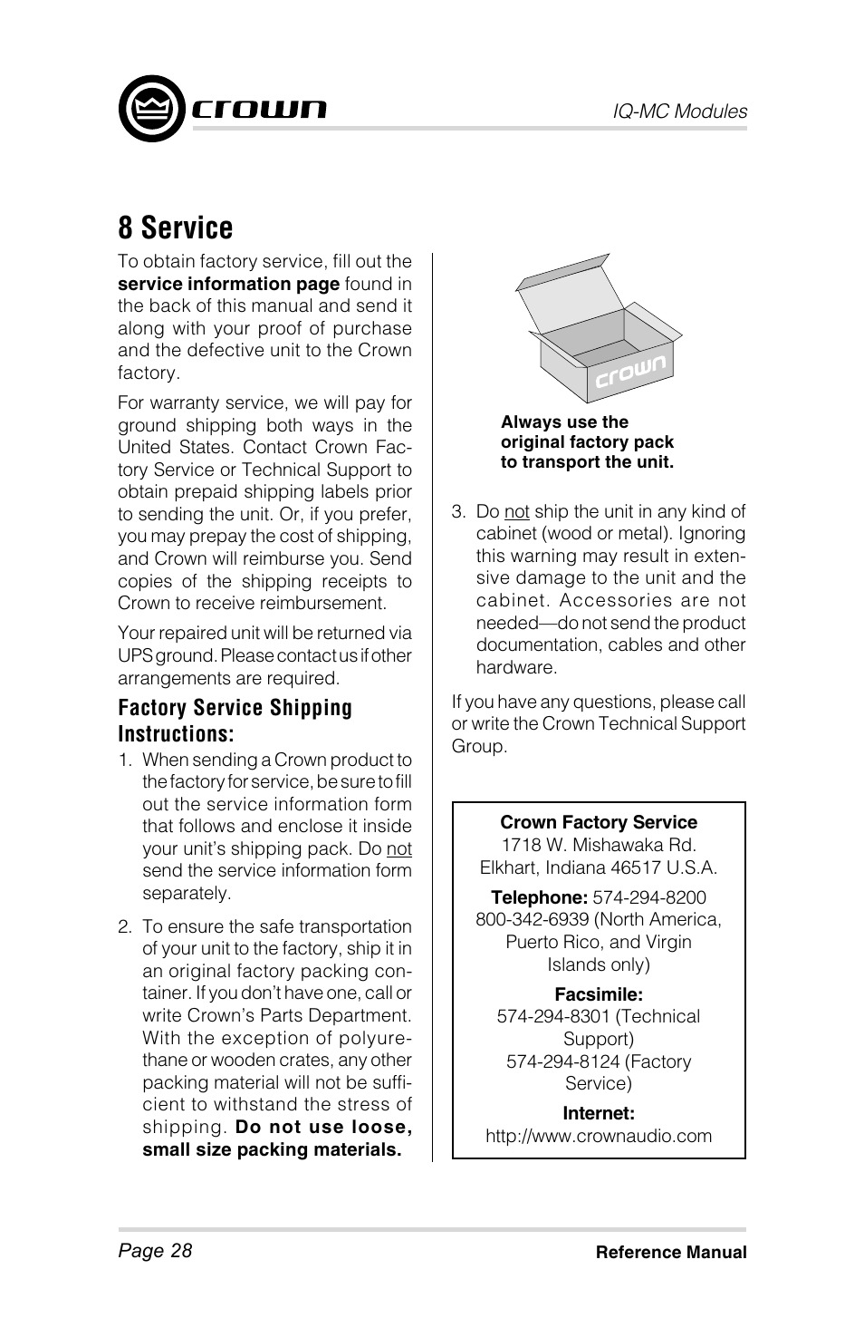 8 service | Crown Audio IQ-MC4 _ IQ-MC-8 User Manual | Page 28 / 32