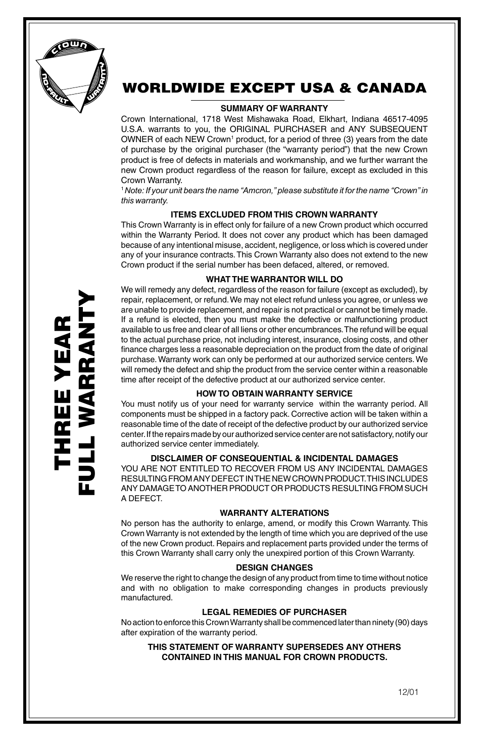 Three year full w arranty, Worldwide except usa & canada | Crown Audio IQ-MC4 _ IQ-MC-8 User Manual | Page 30 / 32