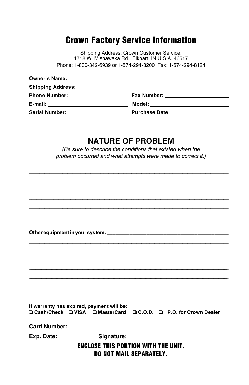 Crown factory service information, Nature of problem | Crown Audio IQ-MC4 _ IQ-MC-8 User Manual | Page 31 / 32