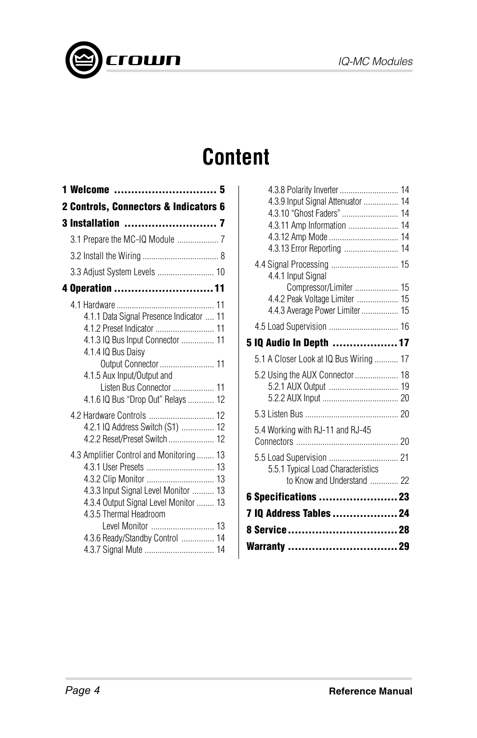 Content | Crown Audio IQ-MC4 _ IQ-MC-8 User Manual | Page 4 / 32