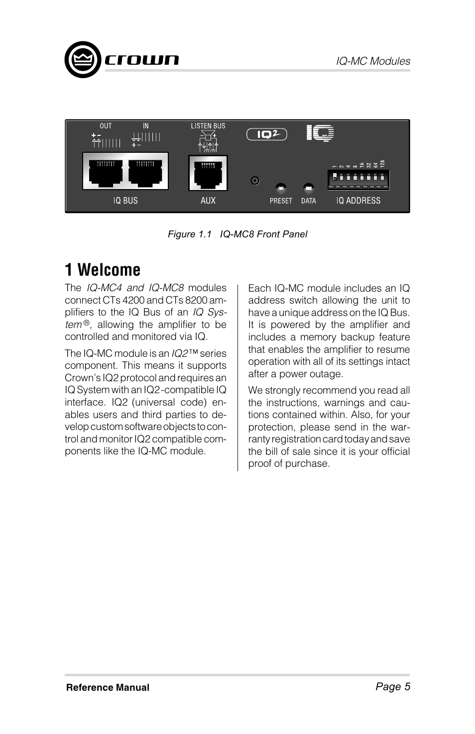 1 welcome | Crown Audio IQ-MC4 _ IQ-MC-8 User Manual | Page 5 / 32