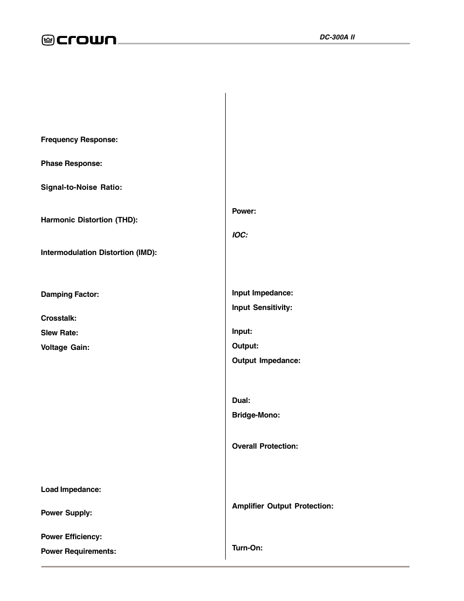 6 specifications | Crown Audio DC-300AII User Manual | Page 18 / 25