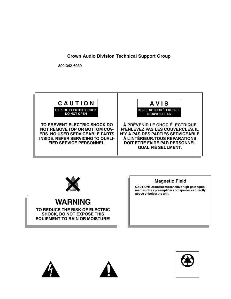 Warning, A v i s | Crown Audio DC-300AII User Manual | Page 3 / 25