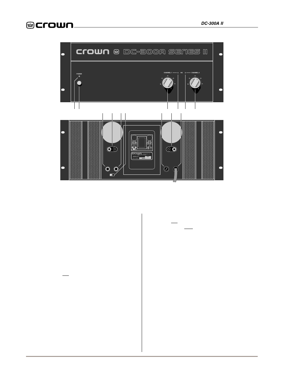 2 facilities, A. power indicator, B. power switch | C. input jacks, D. output jacks, E. dual-mono switch, F. fuse holder, G. level controls, H. power cord, Indicators | Crown Audio DC-300AII User Manual | Page 8 / 25