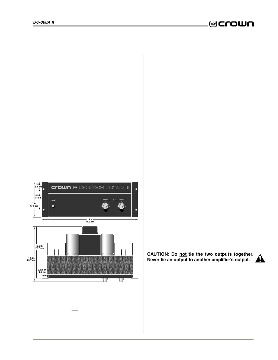 3 installation, 1 mounting, 3 wiring | 2 cooling, Dc-300a ii power amplifier page 9, Fig. 3.1 mounting dimensions | Crown Audio DC-300AII User Manual | Page 9 / 25