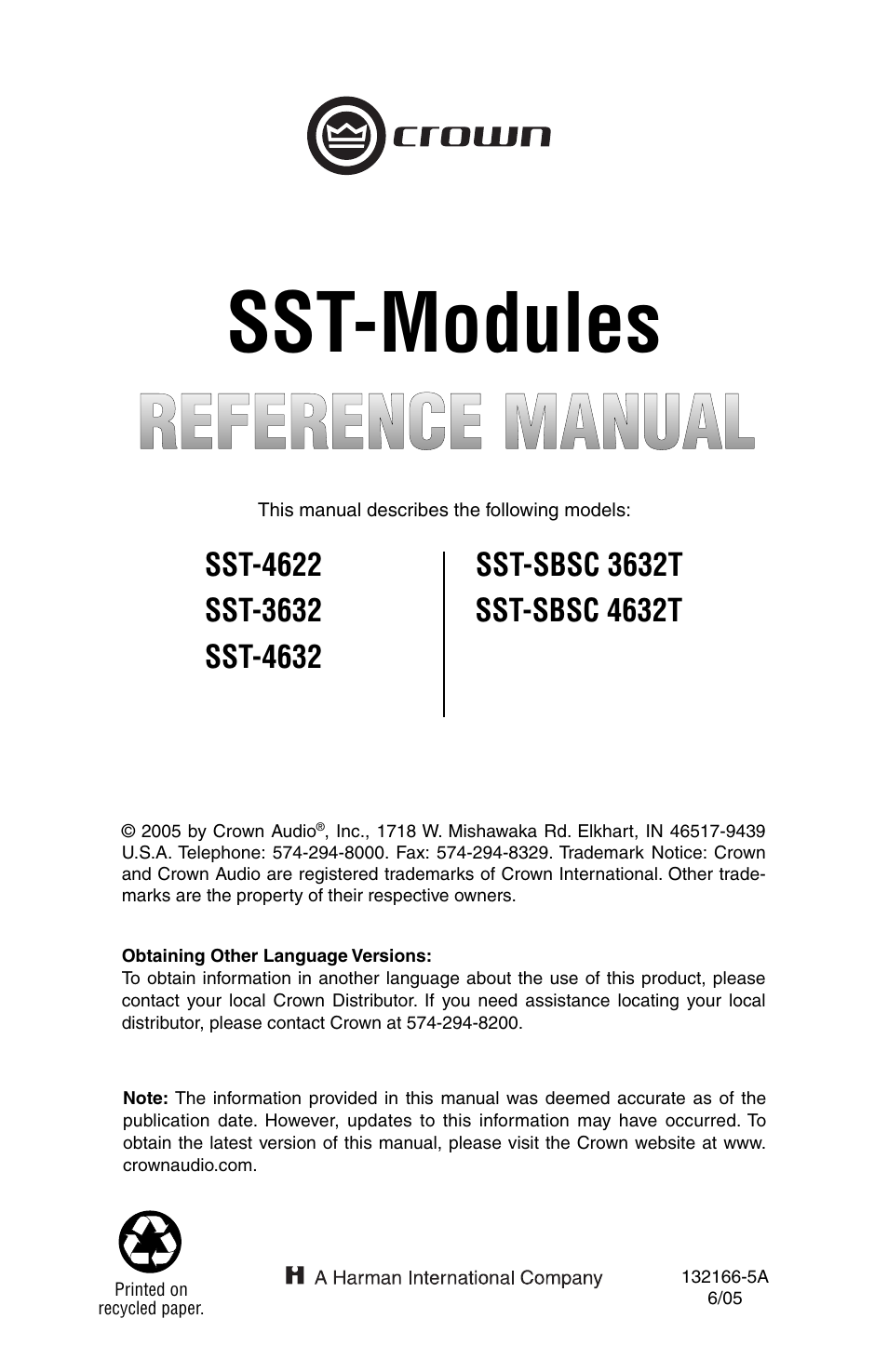 Crown Audio SST Modules User Manual | 19 pages