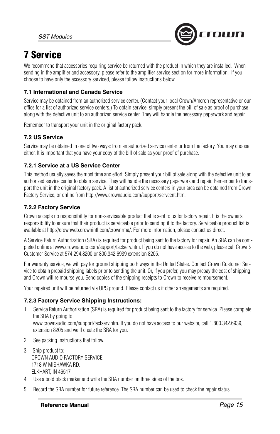 7 service | Crown Audio SST Modules User Manual | Page 15 / 19