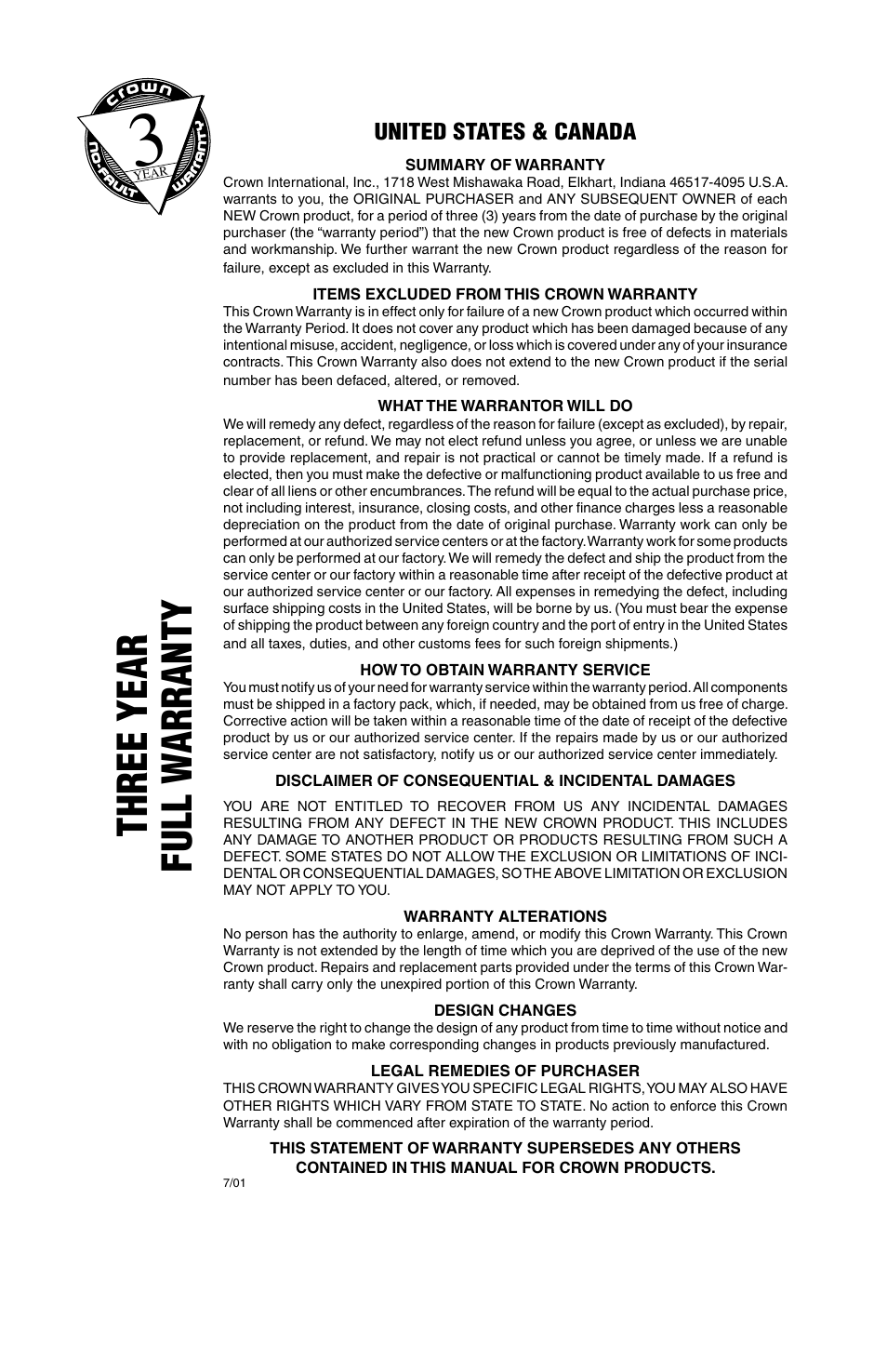 Three year full w arranty | Crown Audio SST Modules User Manual | Page 17 / 19
