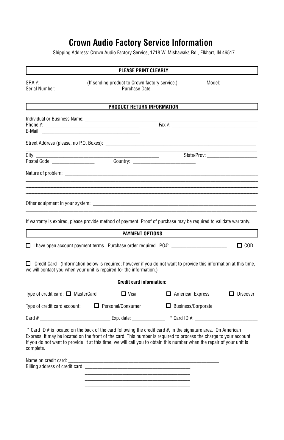 Crown audio factory service information | Crown Audio SST Modules User Manual | Page 19 / 19