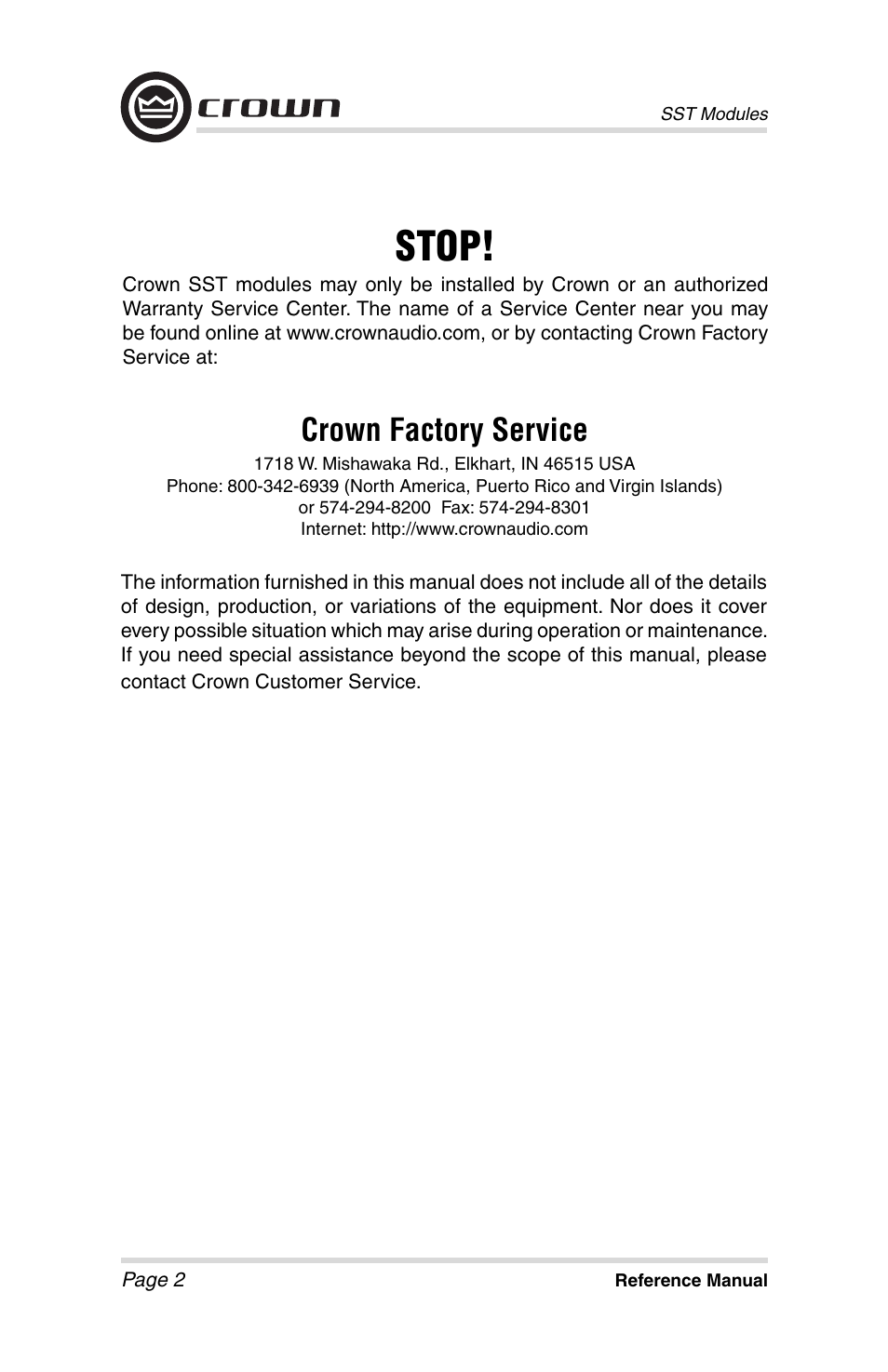 Stop, Crown factory service | Crown Audio SST Modules User Manual | Page 2 / 19