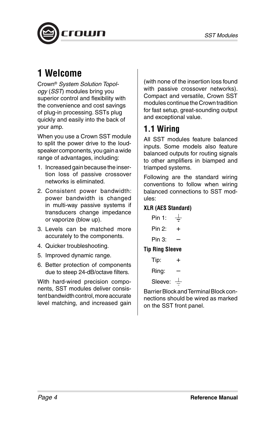 1 welcome, 1 wiring | Crown Audio SST Modules User Manual | Page 4 / 19