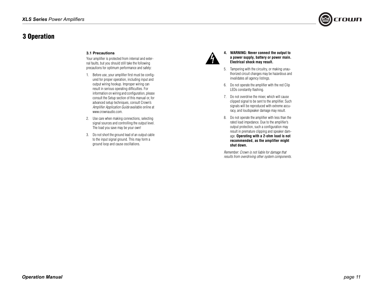 3 operation | Crown Audio XLS Series (2 rack space height with two Speakon connector) User Manual | Page 11 / 28