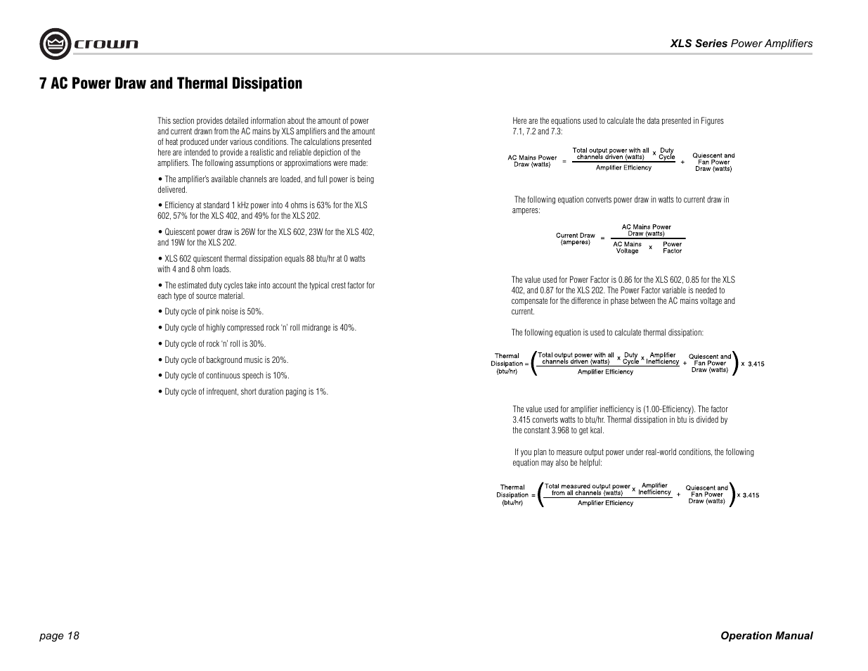 7 ac power draw and thermal dissipation | Crown Audio XLS Series (2 rack space height with two Speakon connector) User Manual | Page 18 / 28