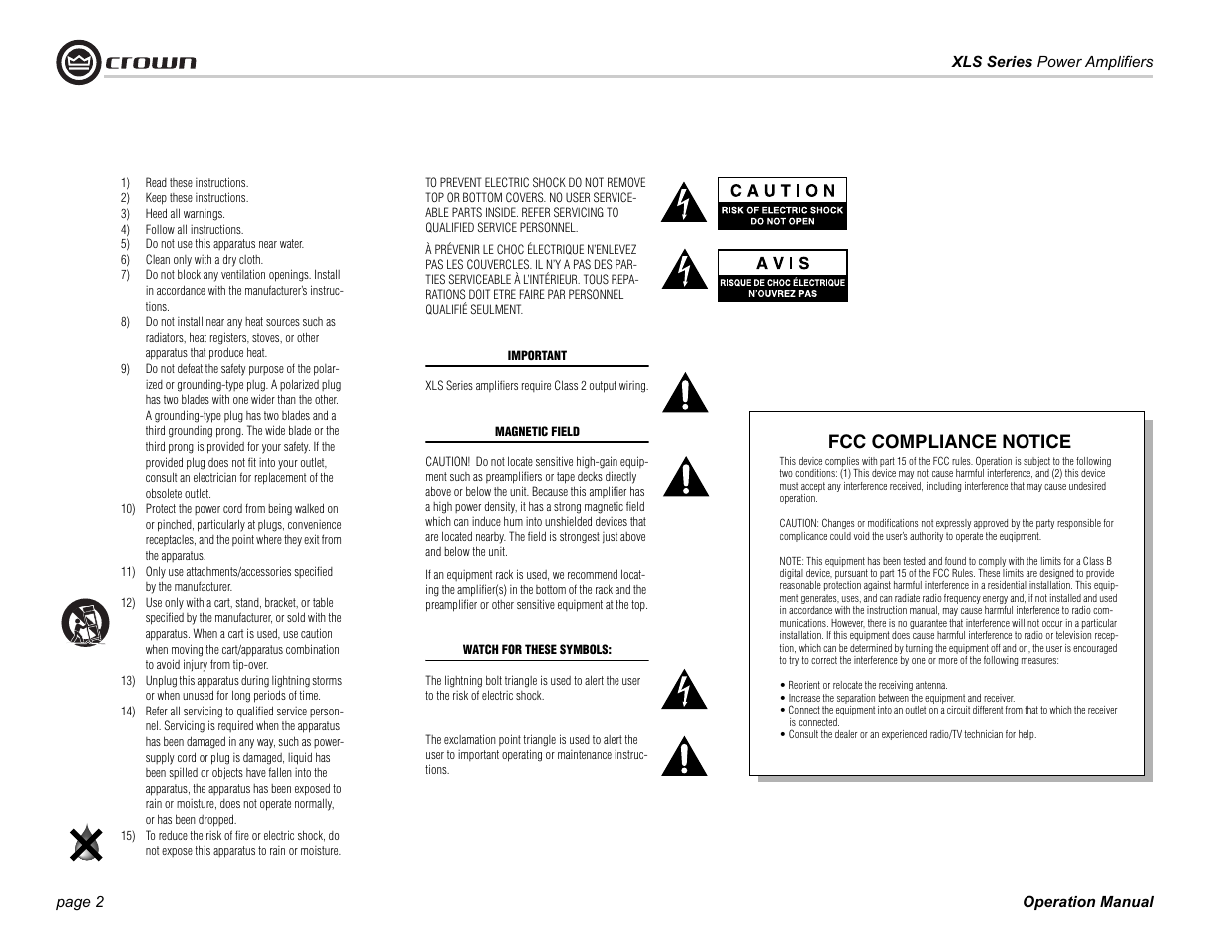Fcc compliance notice | Crown Audio XLS Series (2 rack space height with two Speakon connector) User Manual | Page 2 / 28