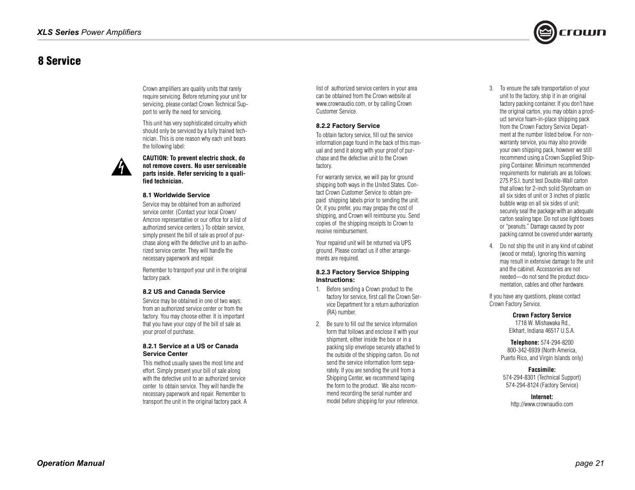 8 service | Crown Audio XLS Series (2 rack space height with two Speakon connector) User Manual | Page 21 / 28