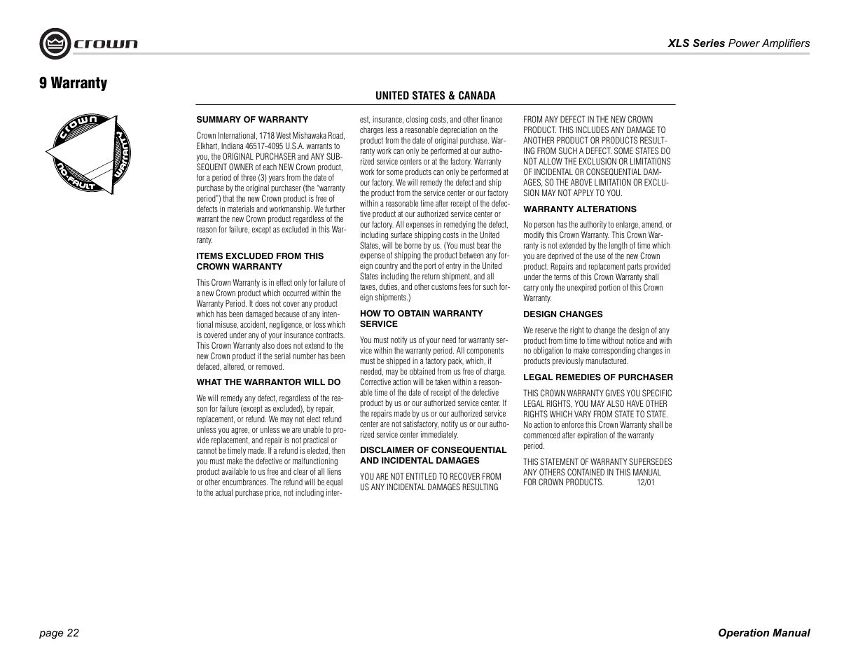 9 warranty | Crown Audio XLS Series (2 rack space height with two Speakon connector) User Manual | Page 22 / 28