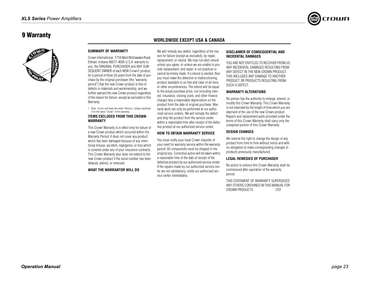 9 warranty | Crown Audio XLS Series (2 rack space height with two Speakon connector) User Manual | Page 23 / 28