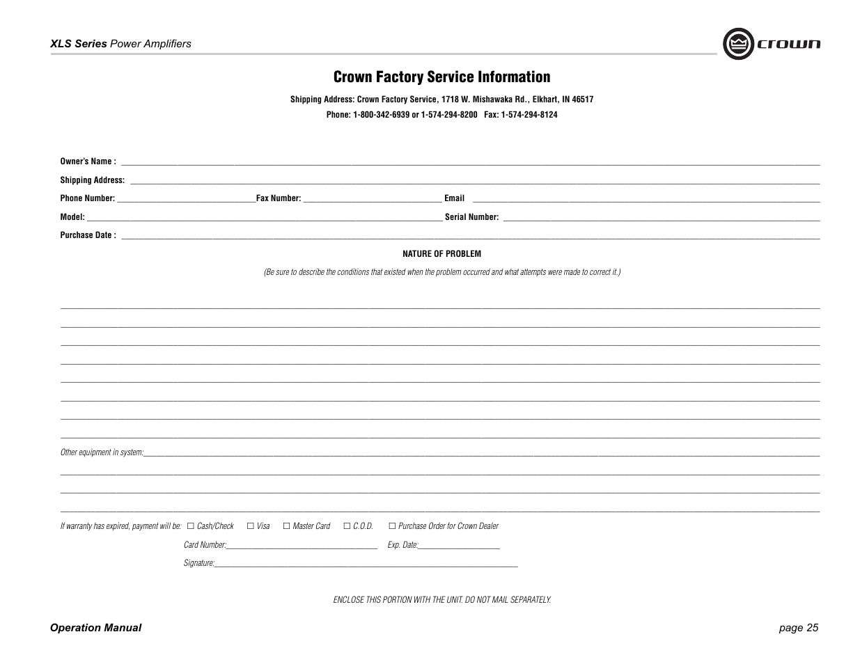 Crown factory service information | Crown Audio XLS Series (2 rack space height with two Speakon connector) User Manual | Page 25 / 28