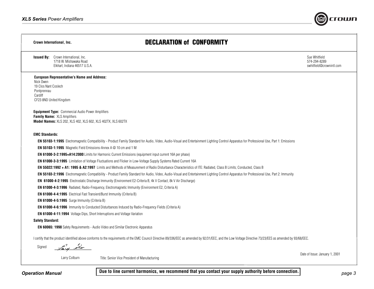 Declaration of conformity | Crown Audio XLS Series (2 rack space height with two Speakon connector) User Manual | Page 3 / 28