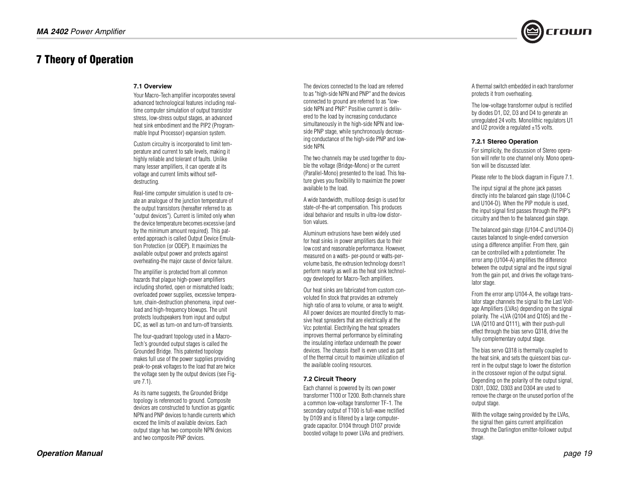 7 theory of operation | Crown Audio Macro-Tech MA-2402 User Manual | Page 19 / 36