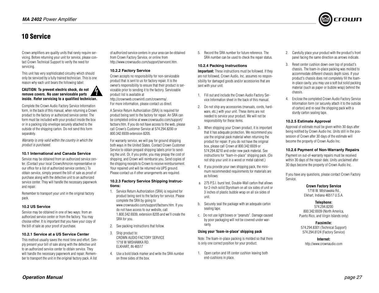 10 service | Crown Audio Macro-Tech MA-2402 User Manual | Page 27 / 36
