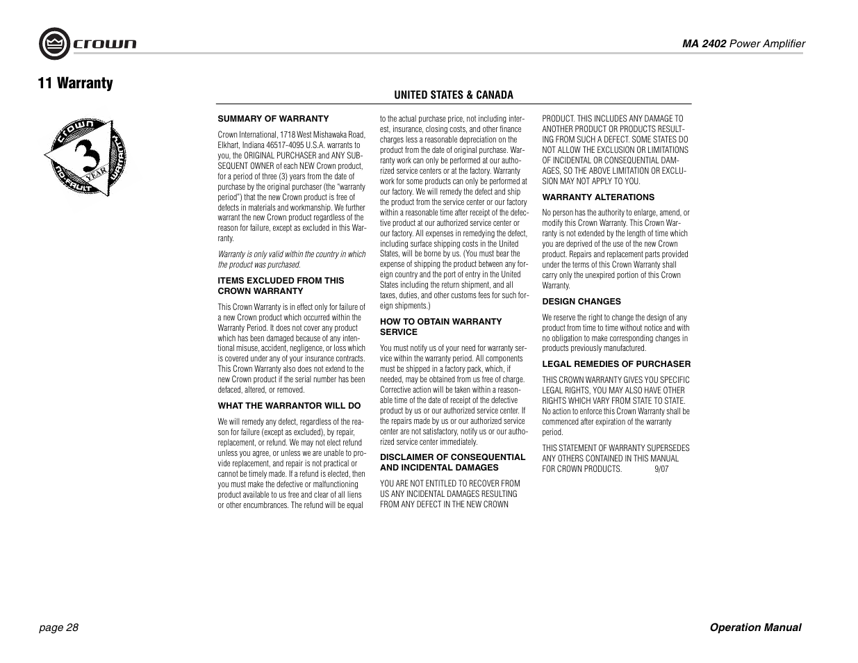 11 warranty | Crown Audio Macro-Tech MA-2402 User Manual | Page 28 / 36