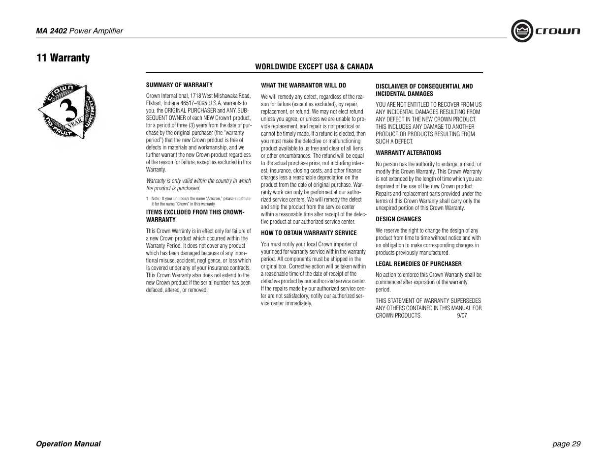 11 warranty | Crown Audio Macro-Tech MA-2402 User Manual | Page 29 / 36