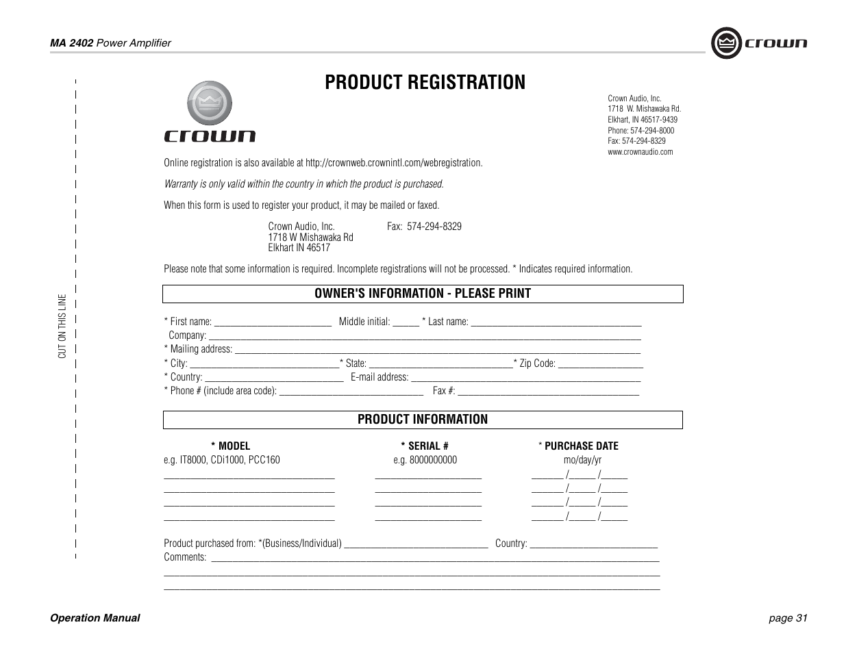 Product registration | Crown Audio Macro-Tech MA-2402 User Manual | Page 31 / 36