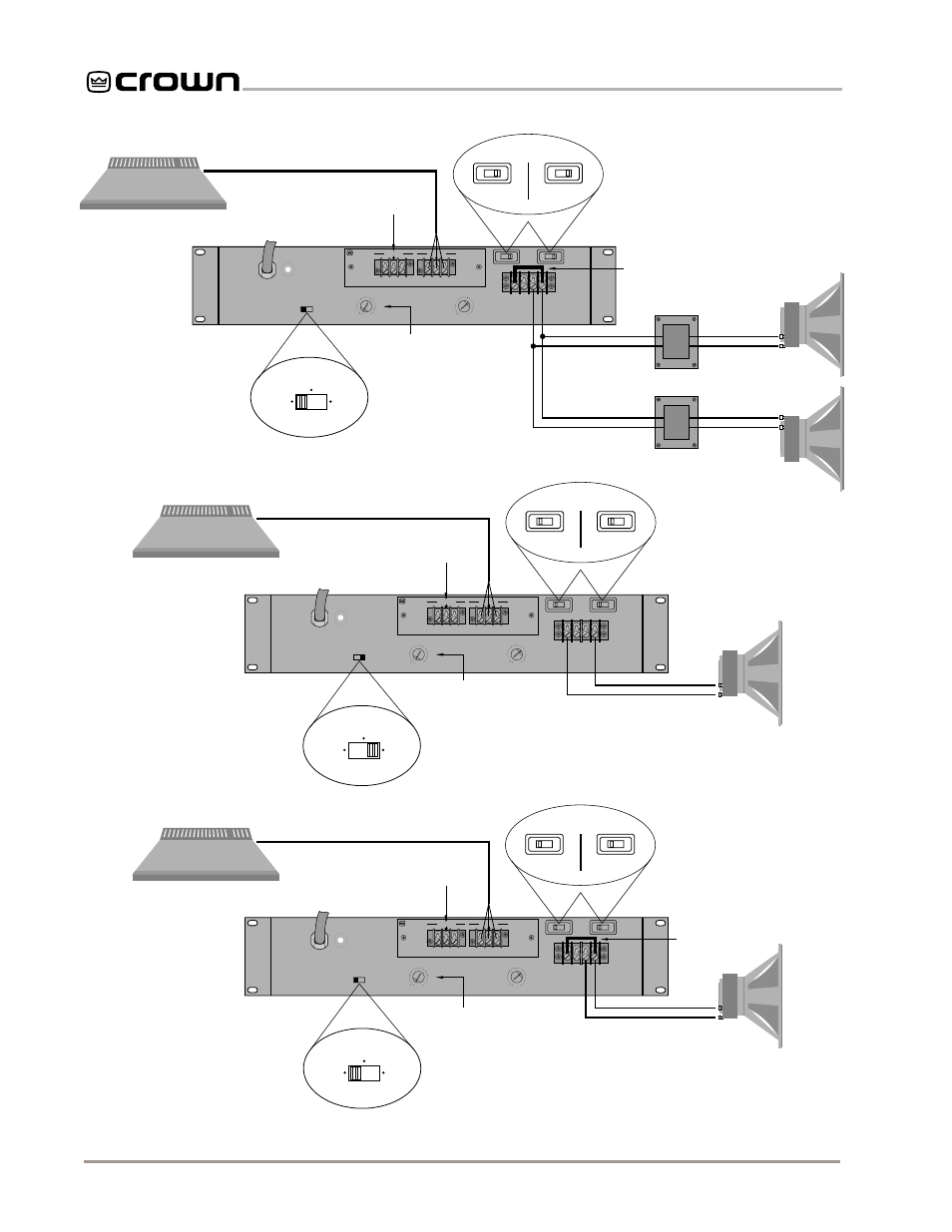 Parallel-mono 70 volt mode, Parallel-mono 8/4 ohm mode, Bridge-mono 8/4 ohm mode | Ch1 ch2 | Crown Audio Com-Tech "00 Series" User Manual | Page 16 / 49