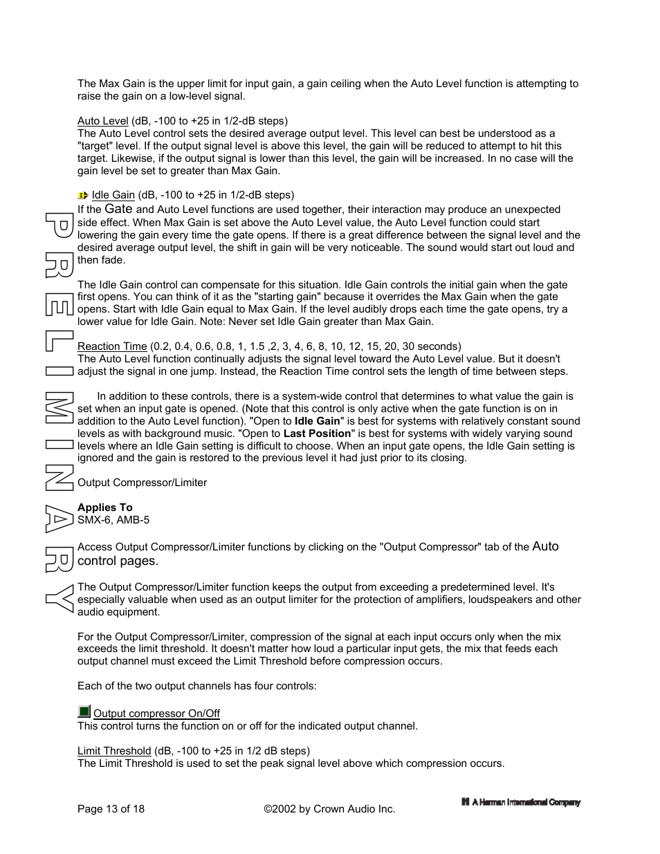 Output compressor/limiter | Crown Audio IQ 5.1 Software for Windows IQ Mixers User Manual | Page 13 / 18