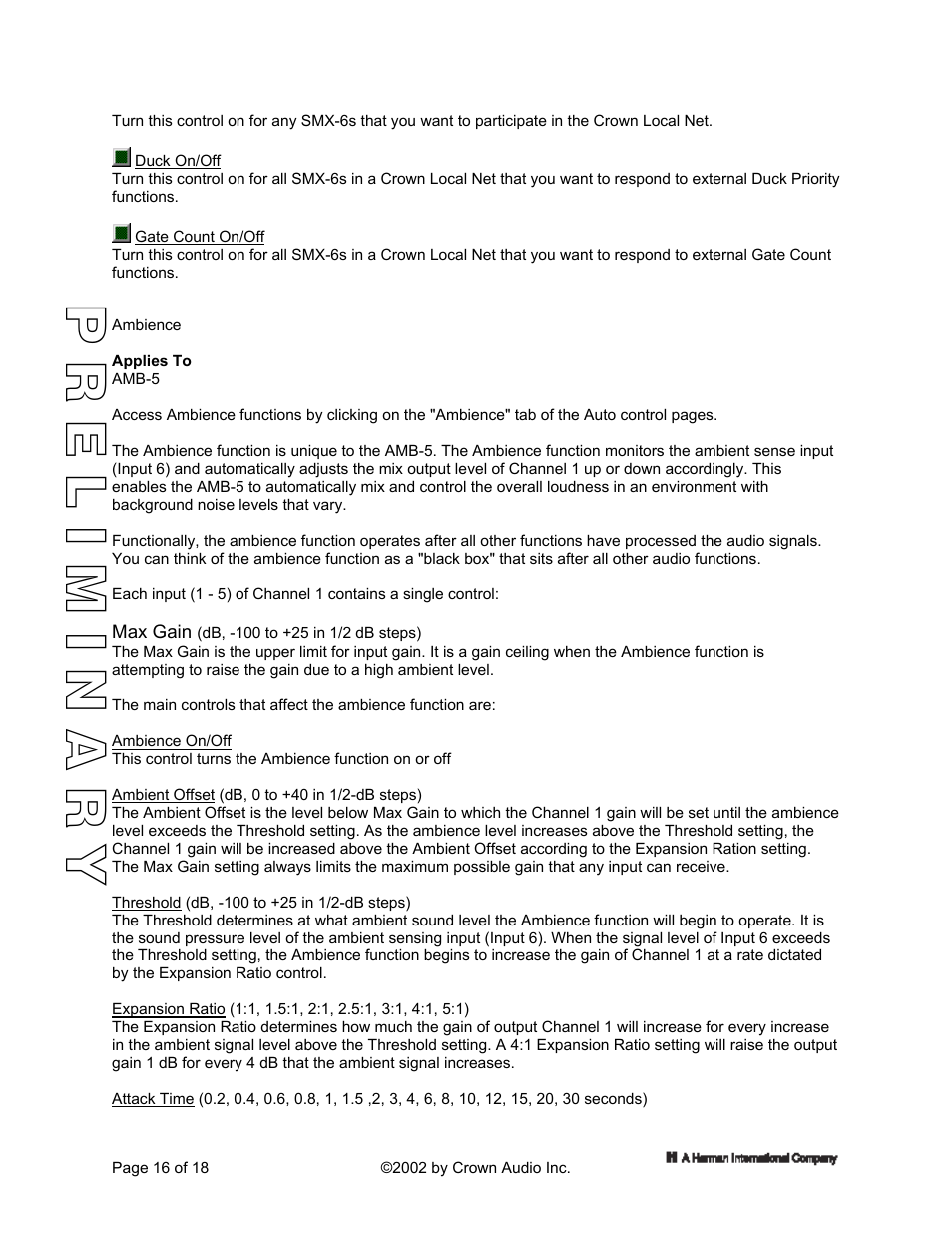 Ambience | Crown Audio IQ 5.1 Software for Windows IQ Mixers User Manual | Page 16 / 18