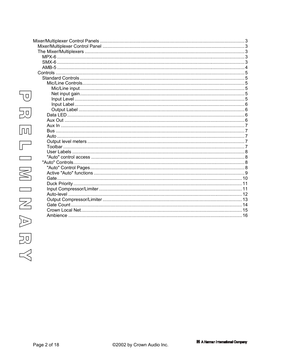 Preliminary | Crown Audio IQ 5.1 Software for Windows IQ Mixers User Manual | Page 2 / 18