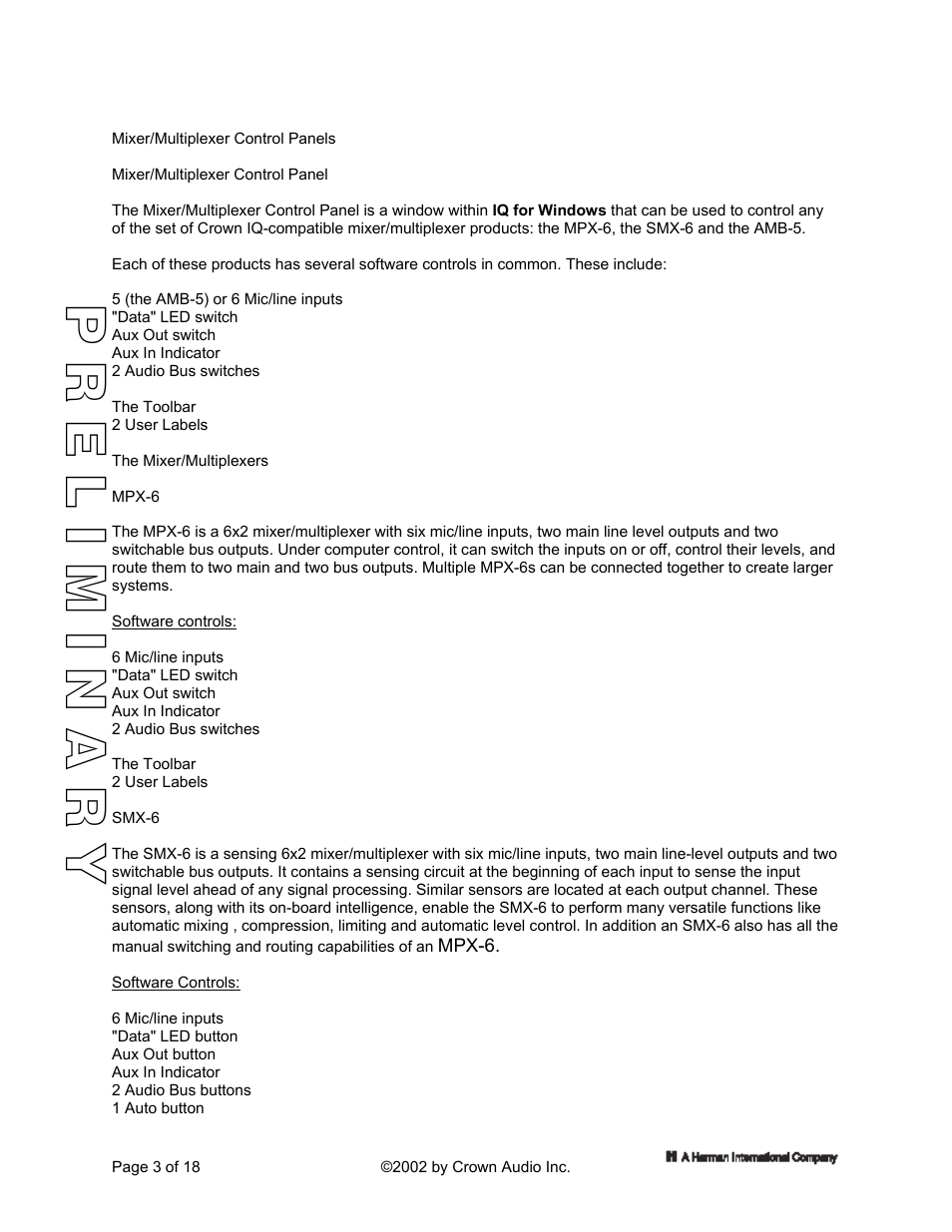 Mixer/multiplexer control panels, Mixer/multiplexer control panel, The mixer/multiplexers | Mpx-6, Smx-6 | Crown Audio IQ 5.1 Software for Windows IQ Mixers User Manual | Page 3 / 18