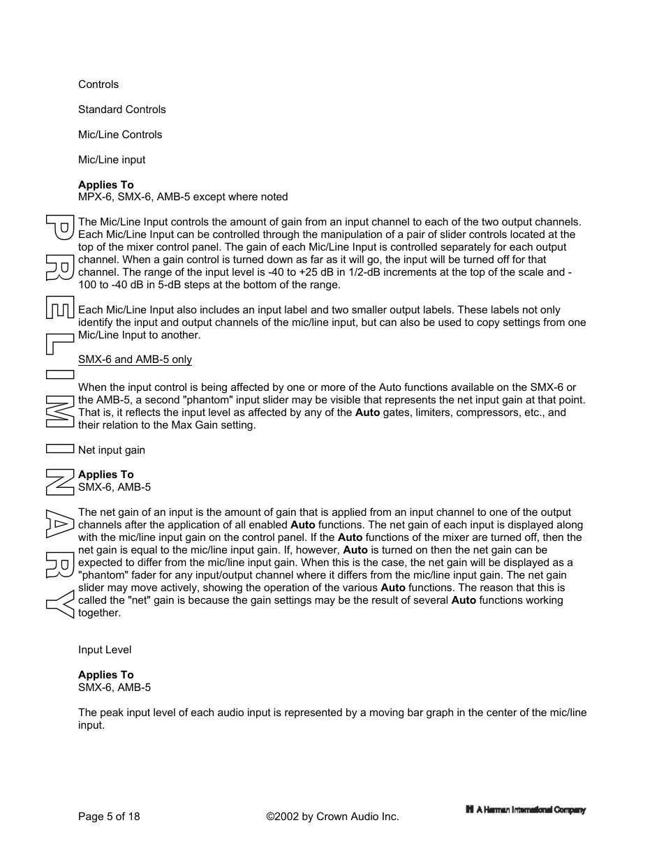 Controls, Standard controls, Mic/line controls | Mic/line input, Net input gain, Input level, Preliminary | Crown Audio IQ 5.1 Software for Windows IQ Mixers User Manual | Page 5 / 18
