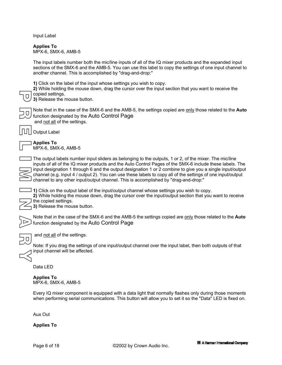 Input label, Output label, Data led | Aux out, Preliminary | Crown Audio IQ 5.1 Software for Windows IQ Mixers User Manual | Page 6 / 18