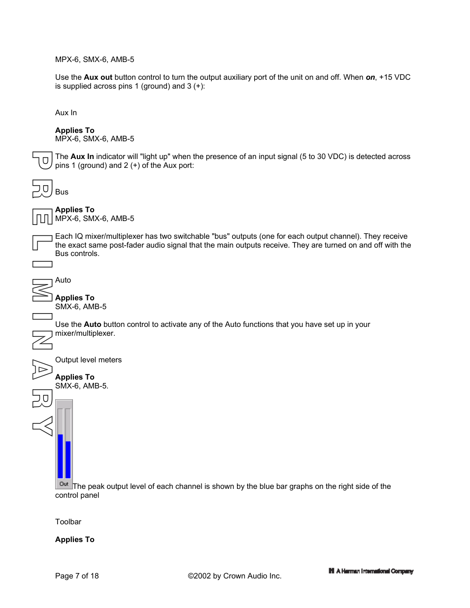 Aux in, Auto, Output level meters | Toolbar | Crown Audio IQ 5.1 Software for Windows IQ Mixers User Manual | Page 7 / 18