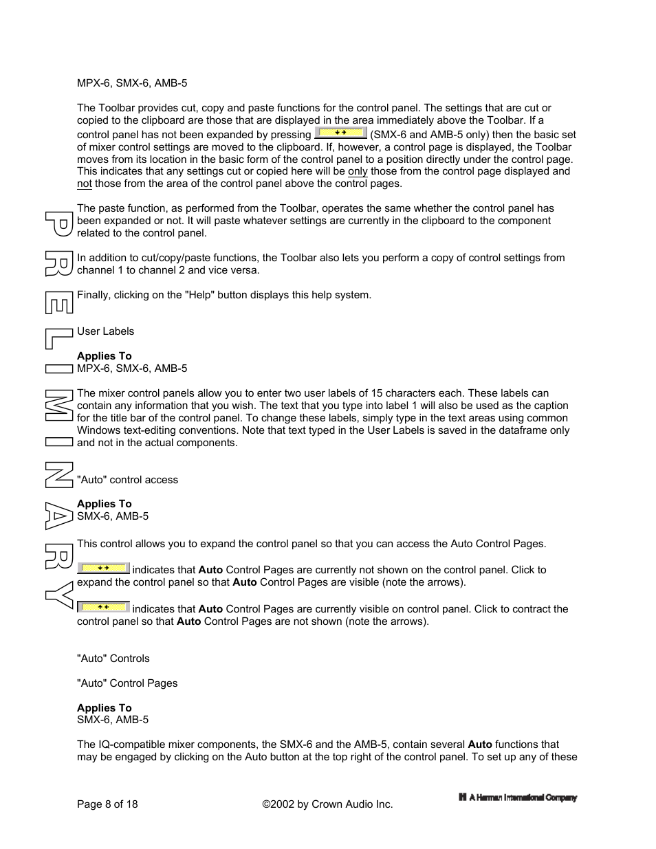 User labels, Auto" control access, Auto" controls | El r y | Crown Audio IQ 5.1 Software for Windows IQ Mixers User Manual | Page 8 / 18