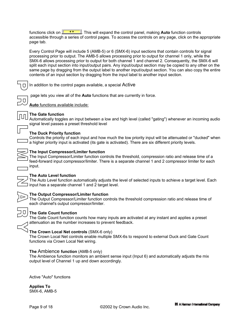 Active "auto" functions | Crown Audio IQ 5.1 Software for Windows IQ Mixers User Manual | Page 9 / 18